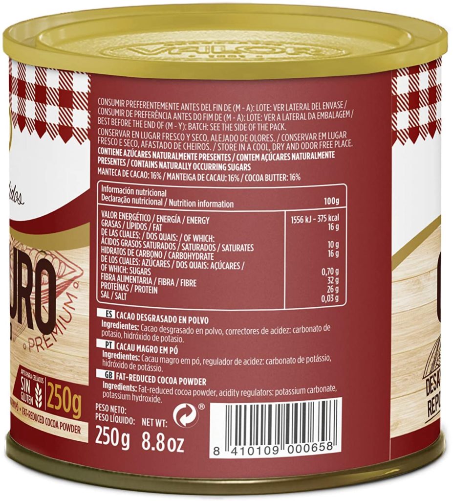 Chocolates Valor Cacao Puro En Polvo Desgrasado 250 g Vive Sin Gluten